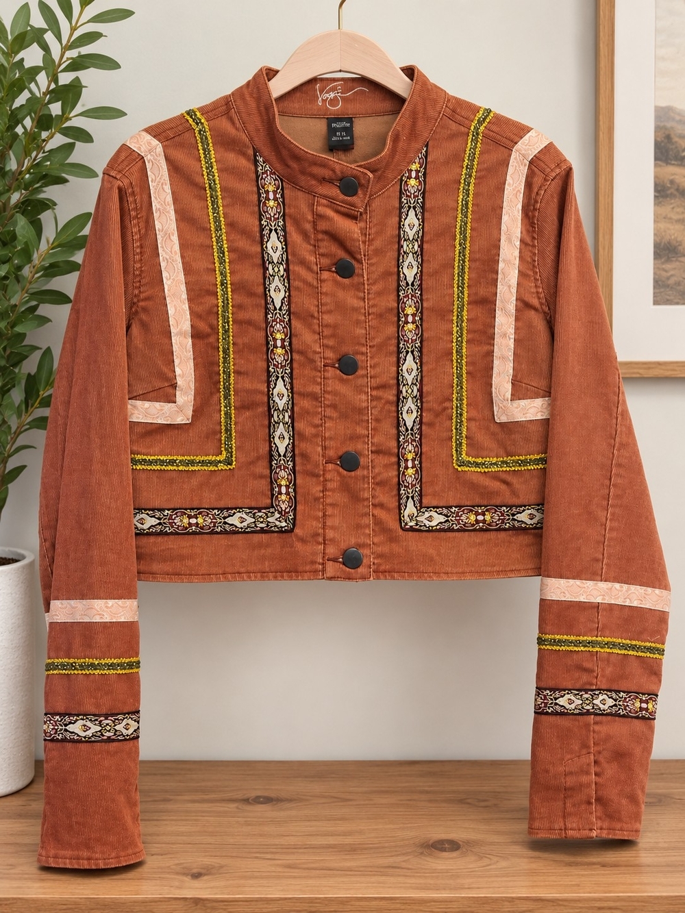 Venezia Corduroy Rust Embroidered Cropped Jean Jacket with Trim - Picture 2 of 4